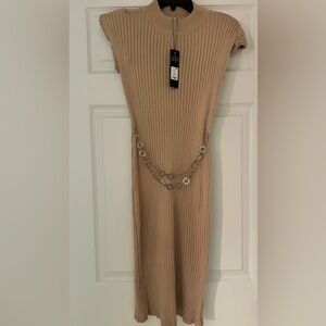 Fashion Nova Tan Ribbed Bodycon Midi Dress